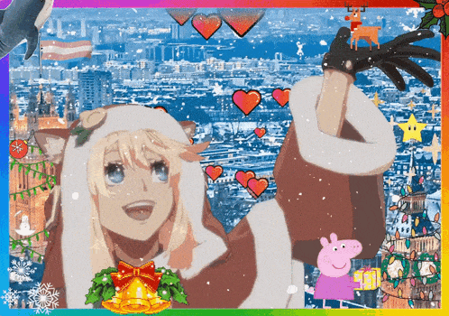 a picture of a girl dressed as a reindeer with a city in the background