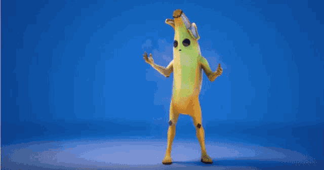 a cartoon character of a banana with arms outstretched on a blue background
