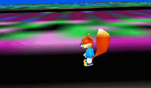 a cartoon squirrel in a blue shirt is standing on a colorful background