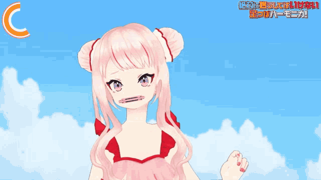 a girl with pink hair and a red dress with the letter c in the corner