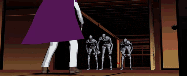 a woman in a purple cape is walking in a hallway with zombies
