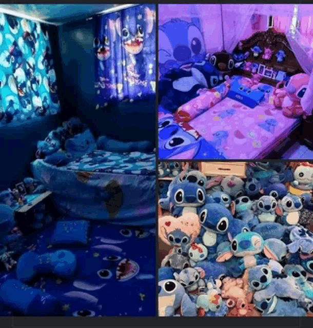 a bedroom filled with lots of stuffed stitches and a bed
