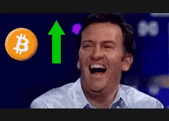a man is laughing in front of a bitcoin icon