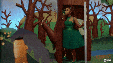 a woman in a green dress is standing in a doorway in a scene from showtime 's kidding