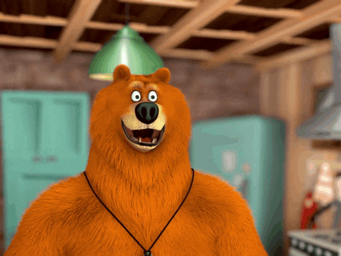 a cartoon bear is wearing a black necklace