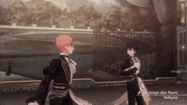 two anime characters are standing next to each other in a room with the words le temps des fleurs valkyrie on the bottom .