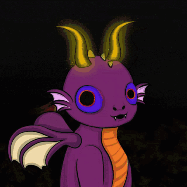 a cartoon drawing of a red dragon with blue eyes and horns