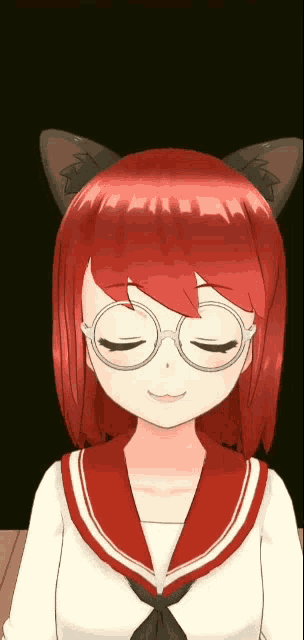 a girl with red hair and cat ears is wearing glasses and smiling