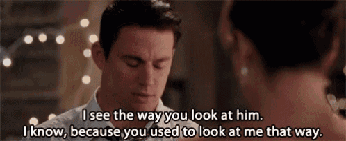a man and a woman are looking at each other and the man is saying i see the way you look at him .
