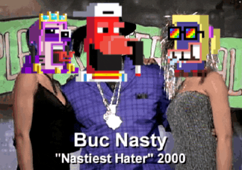 a cartoon of buc nasty with two women standing next to him