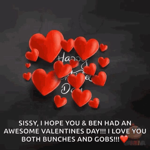 happy valentine 's day sissy i hope you & ben had an awesome valentines day i love you both bunches and gobs
