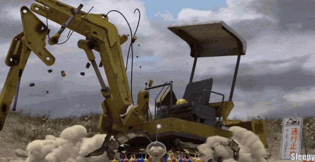 a sign that says sleepy is next to an excavator