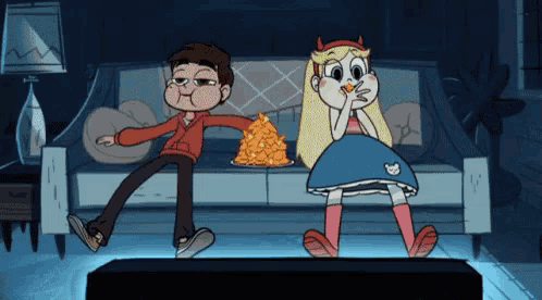 a couple of cartoon characters are sitting on a couch and eating chips