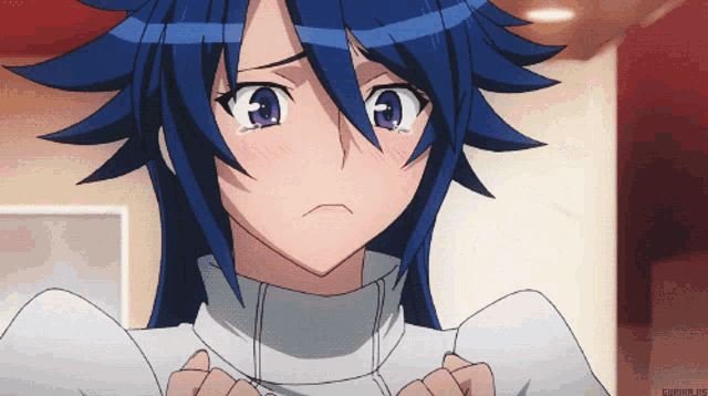 a girl with blue hair and purple eyes has a white turtleneck on