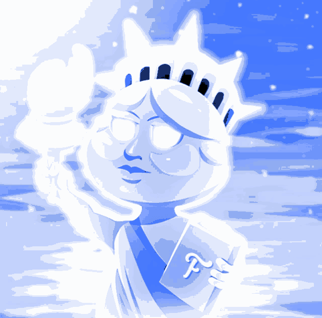 a cartoon of the statue of liberty holding a book with the letter f on it