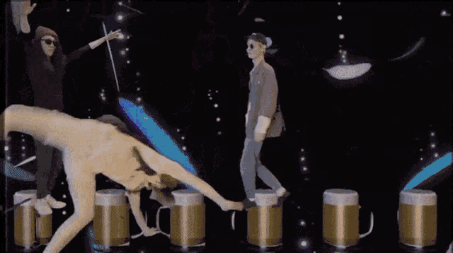 a man is doing a trick while standing on a beer mug