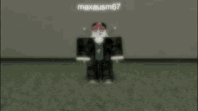 a roblox character is dancing in a room with a name tag that says maxausm67 .