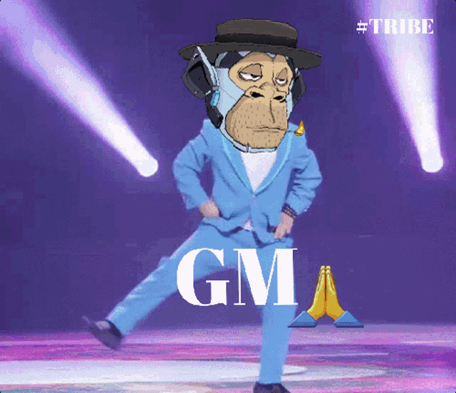 a monkey in a suit and hat is dancing with the word gm written on the bottom