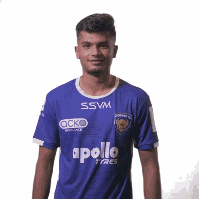 a man is wearing a blue shirt that says apollo tyres