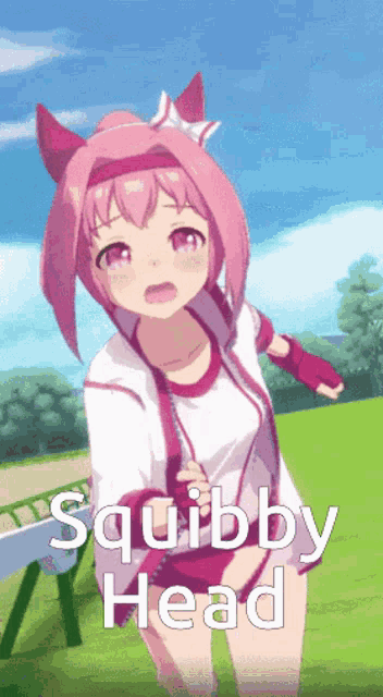 a girl with pink hair is standing in a field with the words squibby head above her
