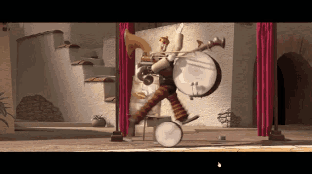 a cartoon of a man playing a banjo on a stage