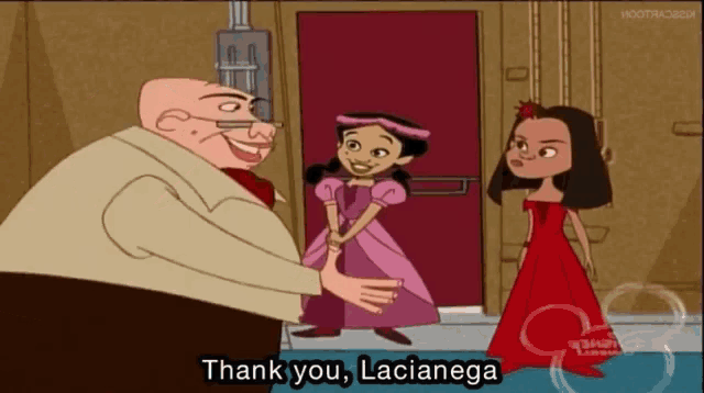 a cartoon character says thank you lacianega in front of a door