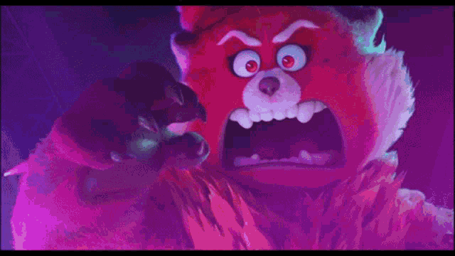 a red teddy bear with a purple background is making a very angry face