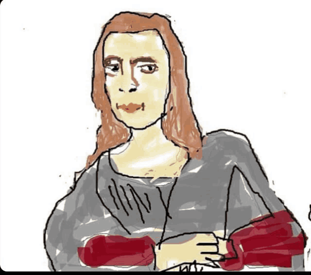 a drawing of a woman with red gloves on her hands
