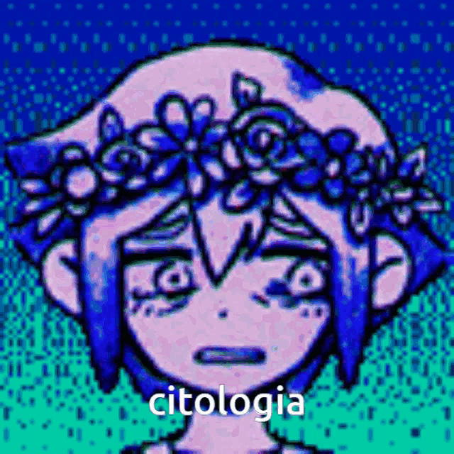 a pixel art drawing of a girl with a flower crown on her head and the words citologia on the bottom