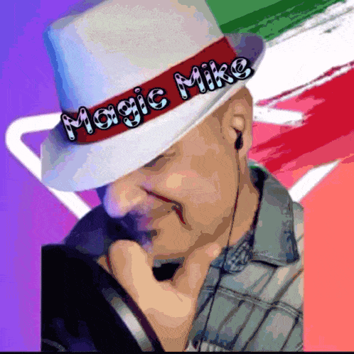 a man wearing a white hat that says magic mike on it