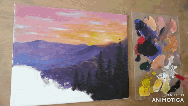 a painting of a sunset with the words made in animotica on the bottom