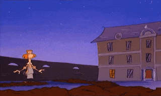 a cartoon character is laying on his back in the dirt .