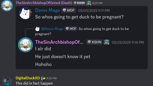 a screenshot of a discord conversation between dems mage and digital duckxd