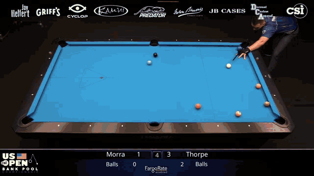 a pool table with a blue cloth that says usa open bank pool championship