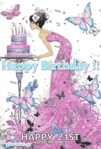 a girl in a pink dress is blowing out candles on a birthday cake surrounded by butterflies .