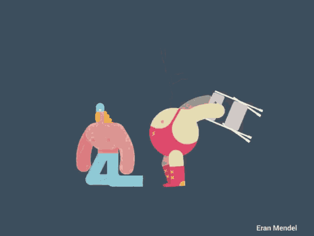 a cartoon of a rabbit and a man with the name eran mendel below them
