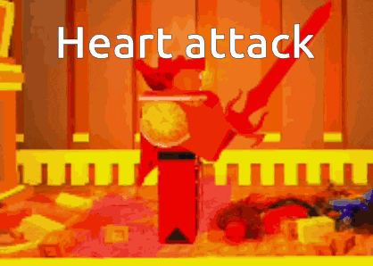 a cartoon character is holding a red sword and the words heart attack are above him