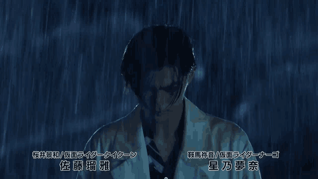 a man in a white coat is standing in the rain with chinese writing behind him