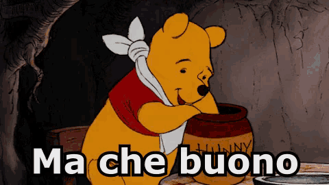 a cartoon of winnie the pooh holding a jar of honey with the words ma che buono below it