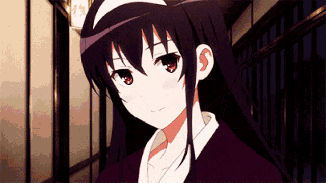 a girl with long purple hair and red eyes is smiling