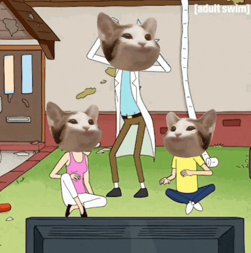 a cartoon of rick and morty with two cats with their heads on the screen