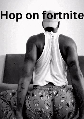a black and white photo of a man with the words hop on fortnite below him