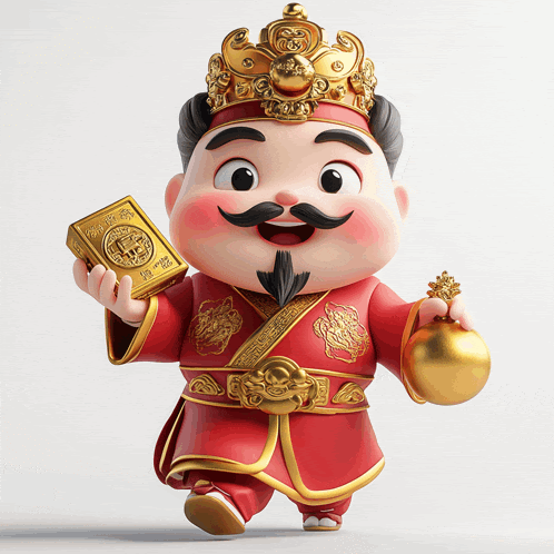 a cartoon character in a red and gold outfit holding a gold coin and a gold ball