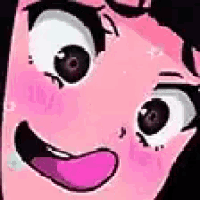 a close up of a cartoon girl 's face with her tongue hanging out .