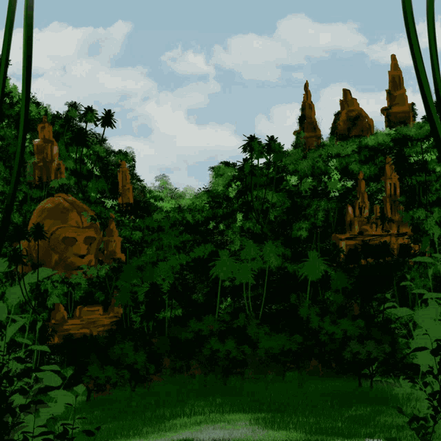 a painting of a jungle with trees and rocks in the background