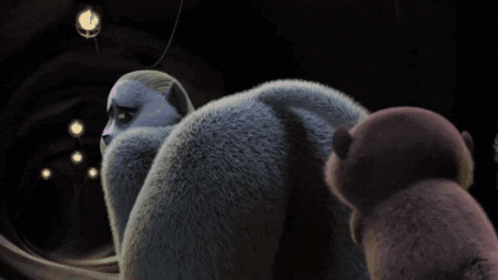 a cartoon monkey with a sad look on its face is standing next to another monkey