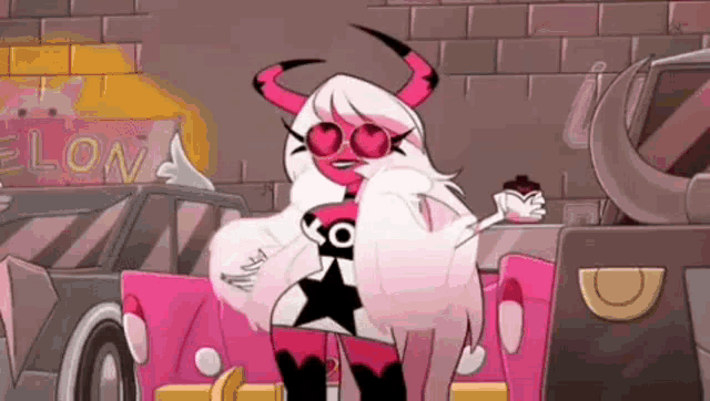 a cartoon character is sitting in a pink car holding a cupcake .