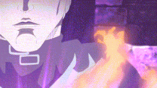 a close up of a person 's face with a purple background and a fire coming out of it .