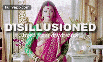 a woman in a sari is sitting in front of a window with the words disillusioned freed from daydreams .