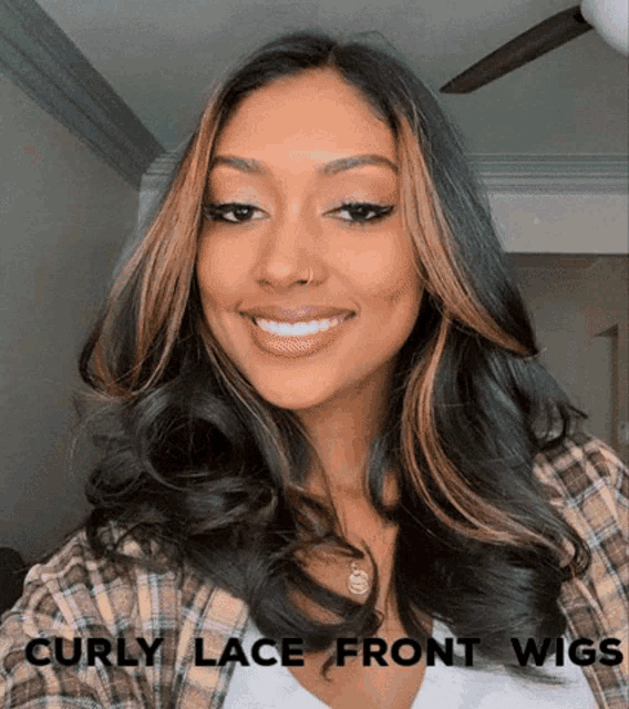 a woman with curly lace front wigs is smiling for the camera
